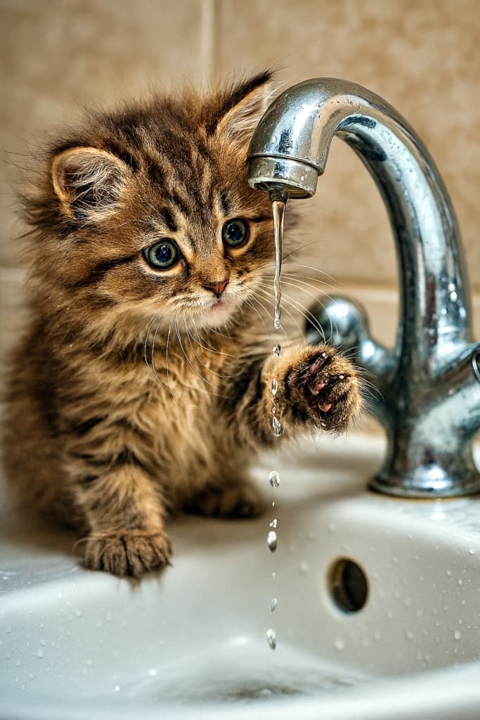A fluffy kitten reaches toward dripping water from a faucet in a white sink, eyes wide with curiosity and its damp nose glistening. 白い洗面台の上で、ふわふわの子猫が蛇口から滴る水に好奇心いっぱいで前足を伸ばしている。濡れた鼻と開いた瞳が、遊び心と驚きを表現している